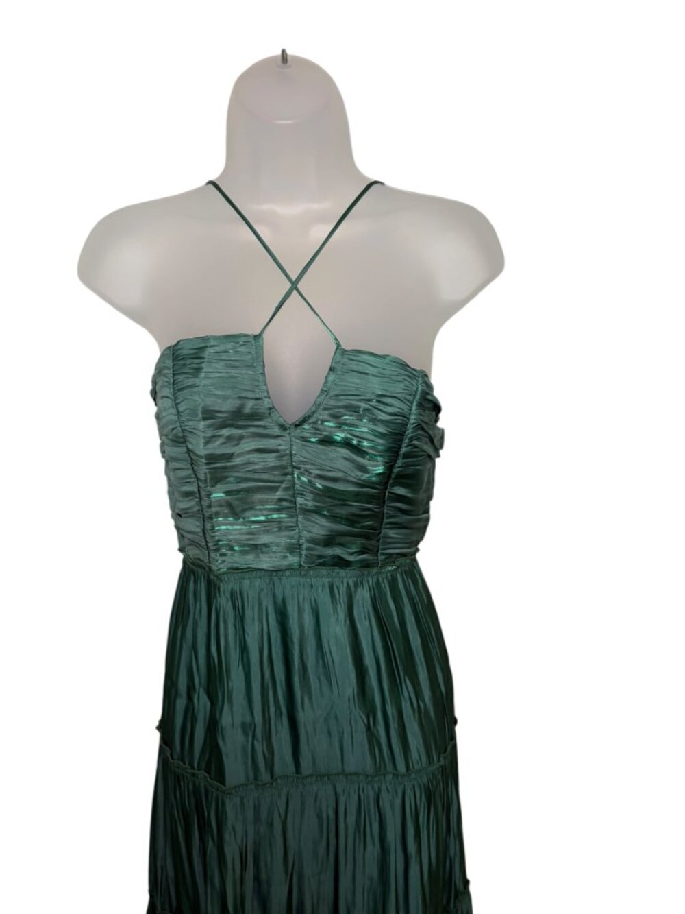 O.P.T. East Dress M Emerald Green Satin Tiered Halter Maxi NWT - Picture 3 of 7